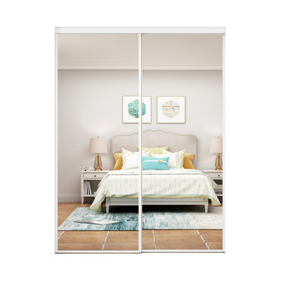 60 po X 80 po Porte coulissante à miroir avec cadre blanc en acier et garniture blanche