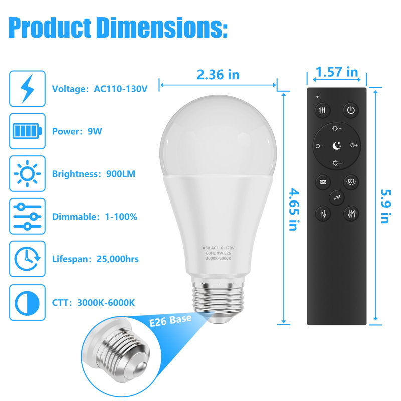 Ampoules à DEL A19 avec télécommande, 800 l 9 W, ampoules DEL équivalentes à 60 W, gradation continue 3000K-6000K, culot E26