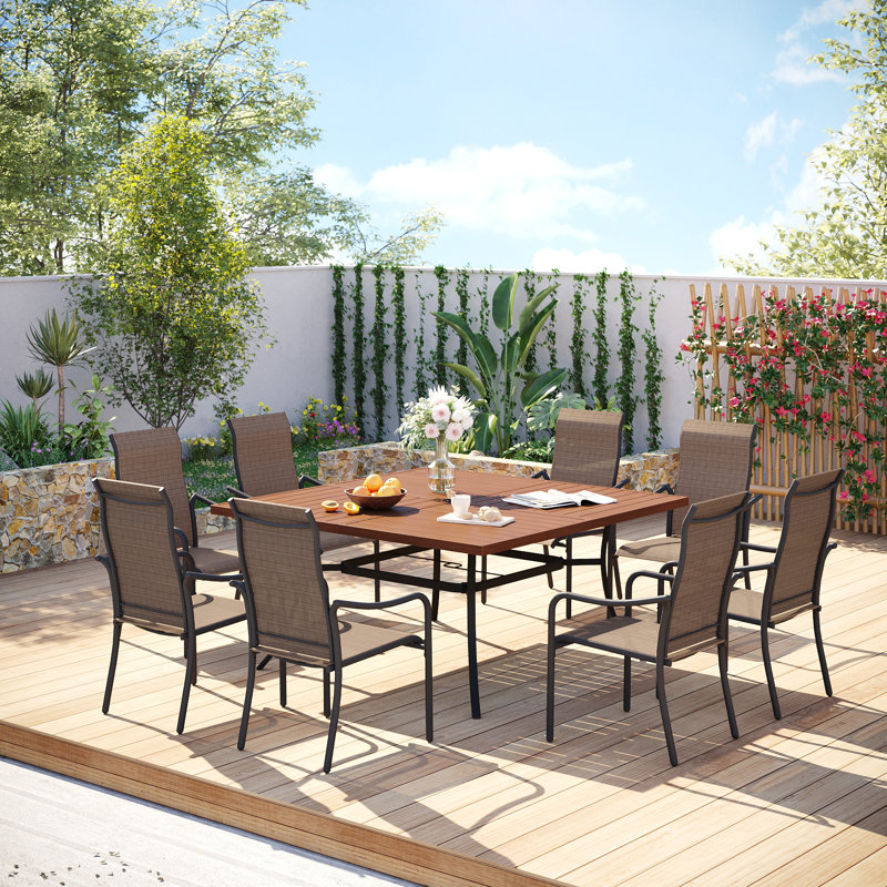 8-Perosn Patio Dining Set with 60" Sqaure Metal Dining Table and 8 Textilene Armrest Chairs, Brown/Light Brwon