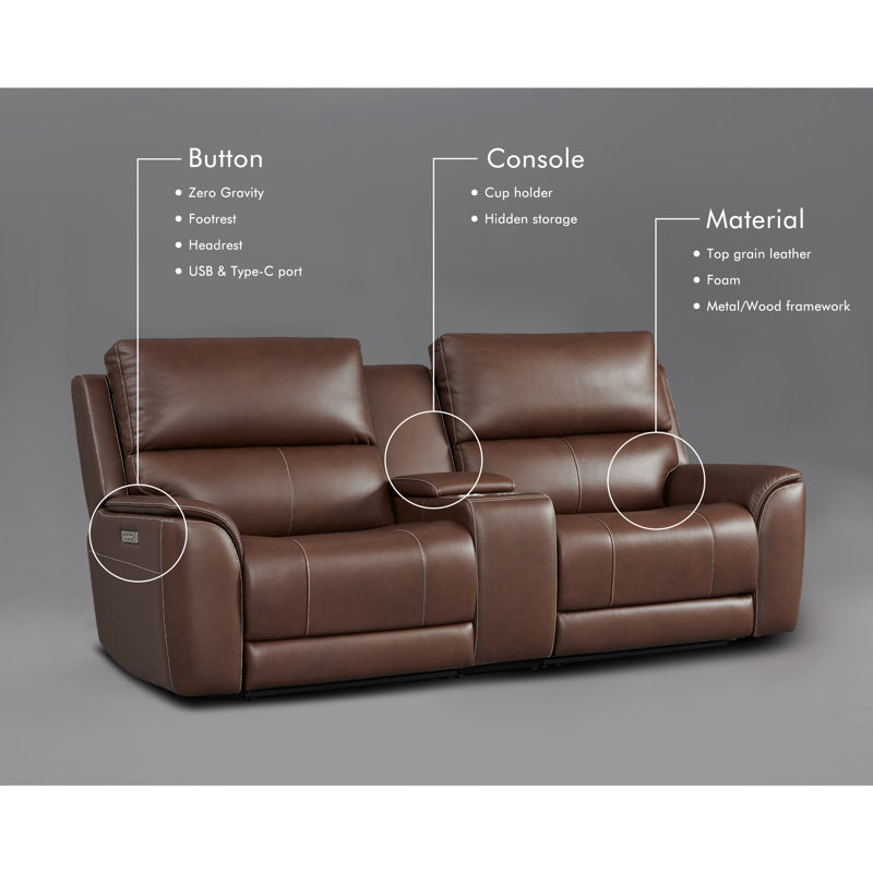 Causeuse électrique en cuir véritable à double largeur de 95,5 po de largeur zéro avec console de rangement et chargement USB et type-c