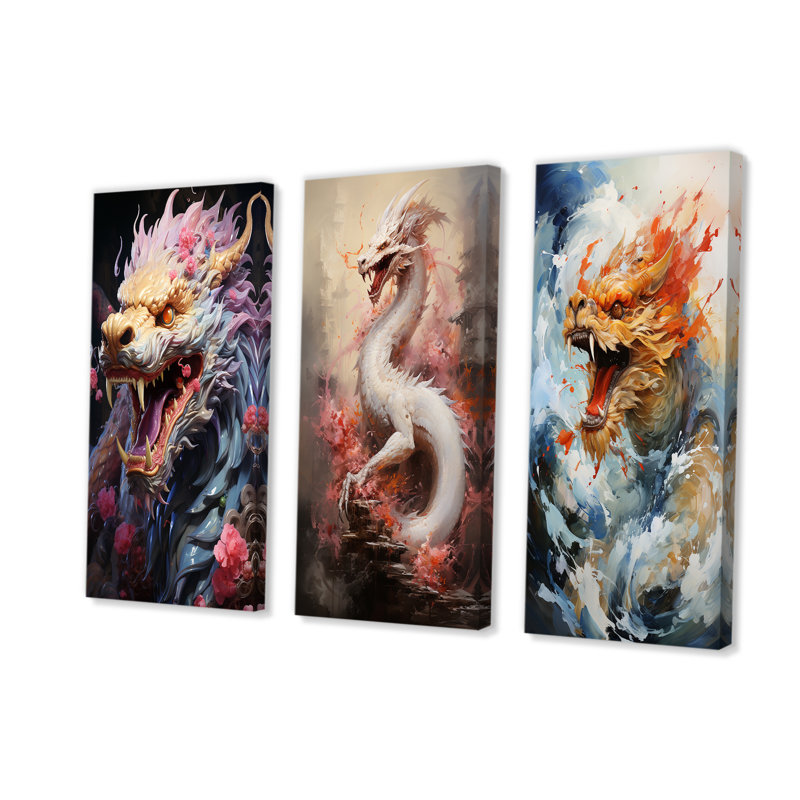 «China Dragon Dance I», ensemble de 3 reproductions d'art sur toile, H 40 po x l 60 po, Toile tendue