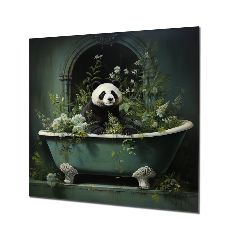 «Green Tranquil Panda Bath II», art mural en métal animal corbeau, H 16 po x l 16 po