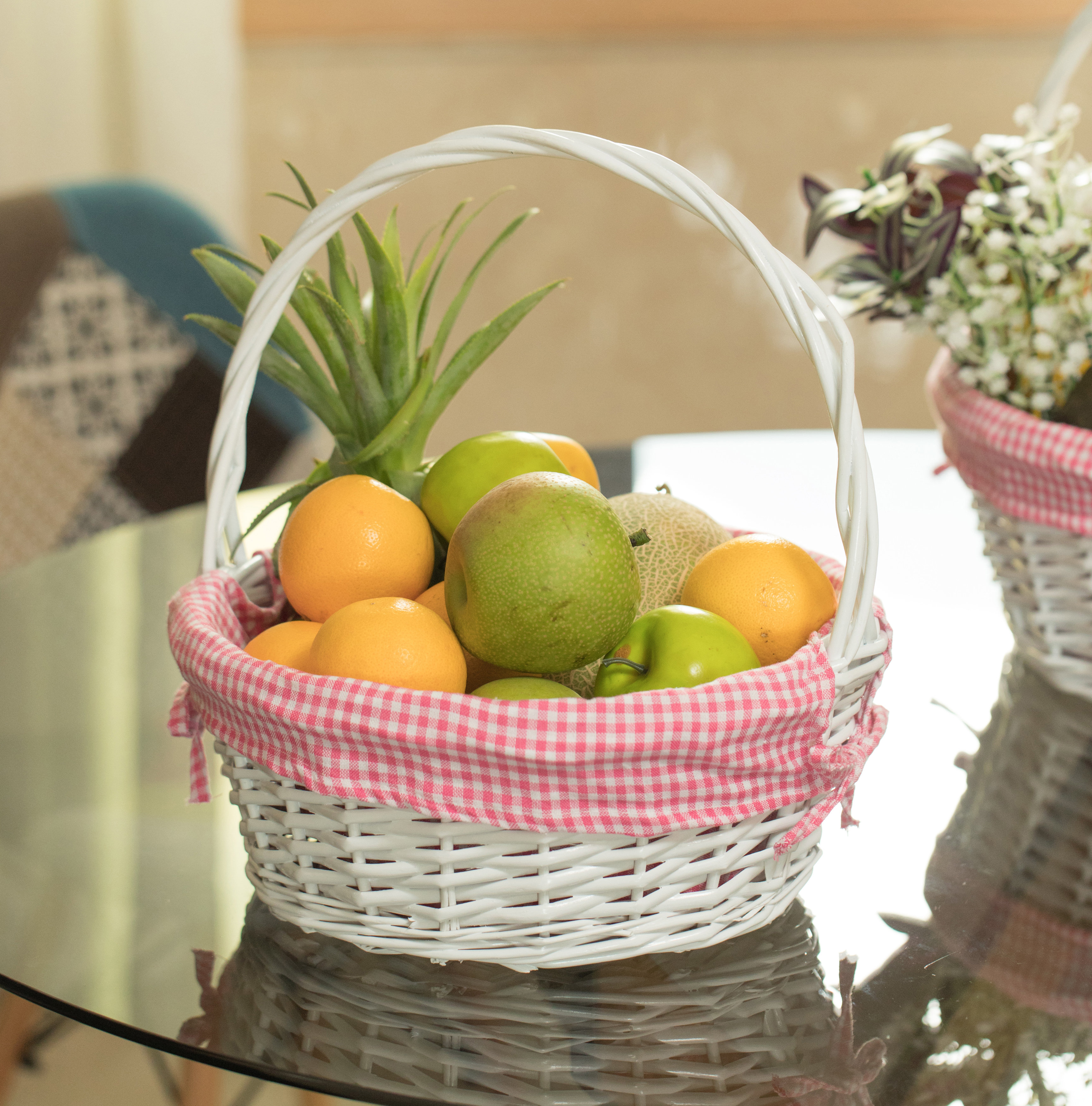 Round Willow Bread Basket 15.5x16.75" With Blue Gingham Liner - Large Serving Basket