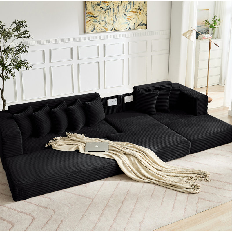 Surdimensionné, 3 places, noir, velours côtelé, lit en forme de L, convertible, 8 coussins, détente confortable, sans assemblage, lit au sol convertible pour chambres douillettes, sac à magazines, faisant face à la droite, soirées cinéma à la maison