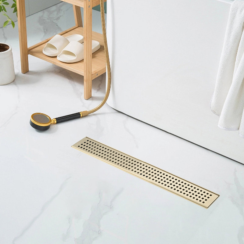 Linear Shower Drain With Quadrato Pattern Grate,304 Stainless Steel Rectangle Shower Floor Drain,With Leveling Feet,Hair Strainer