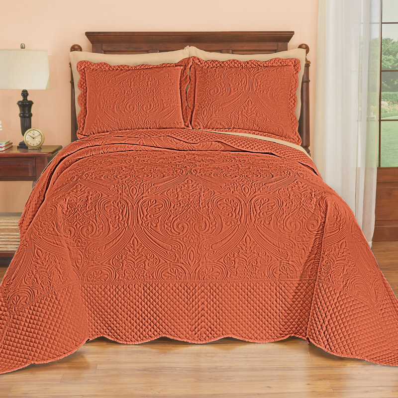 Luxe Textured Diamond Design Scalloped Edge Oversize Bedspread, Spice, Queen Bedspread