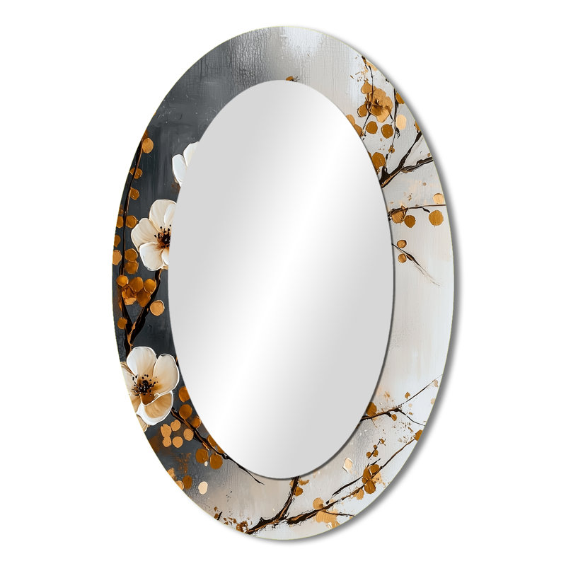 Grey Brown Botanical Cherry Blossom Trees I - Floral Oval Decorative Mirror On Metal, 36" x 24"