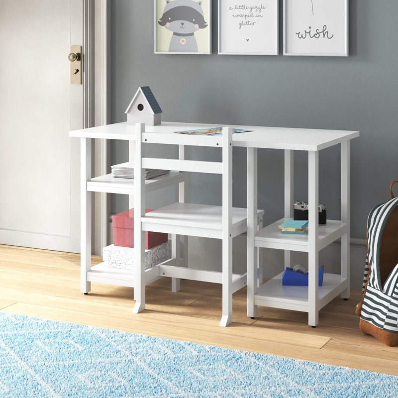 Teamson Kids White Play Desk Set with Storage Shelves and Matching Chair for Study, Art, and Activities