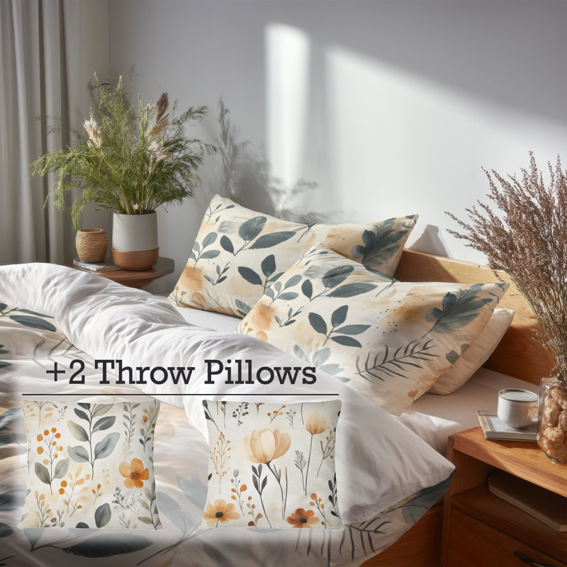 Ensemble de literie à motif floral 5 pièces - Housse de couette et coussin décoratif Boho Botanical Sand Garden