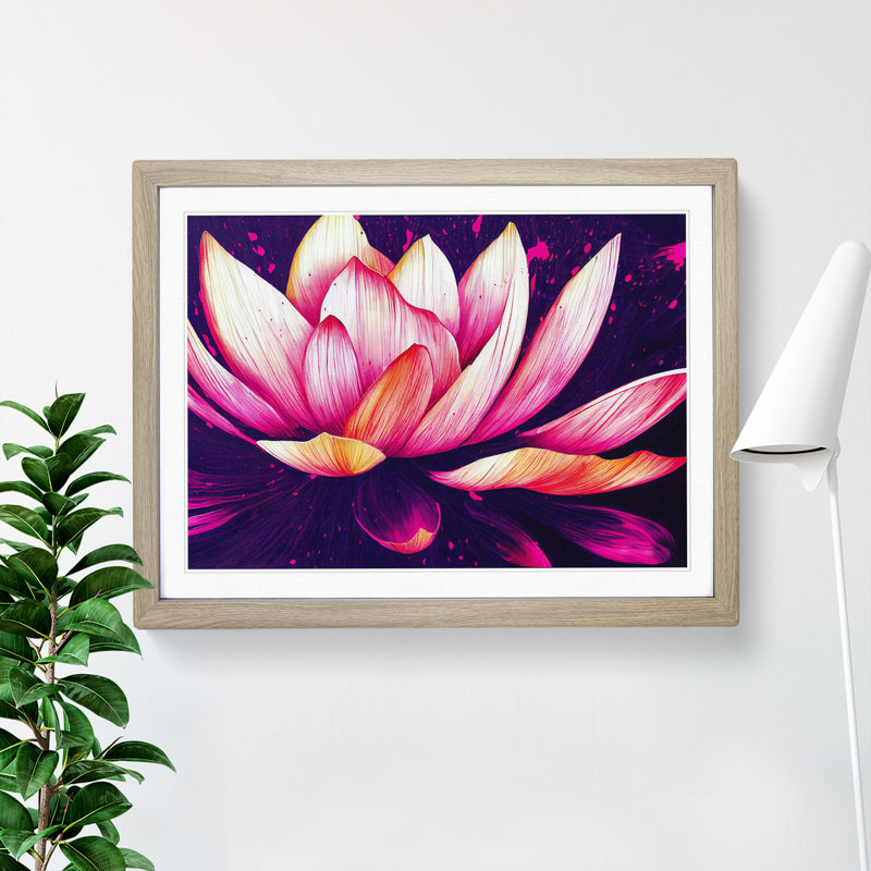Lotus Flower Paint Splatter (4) - Single Picture Frame Print, 25cm H x 34cm W, Oak