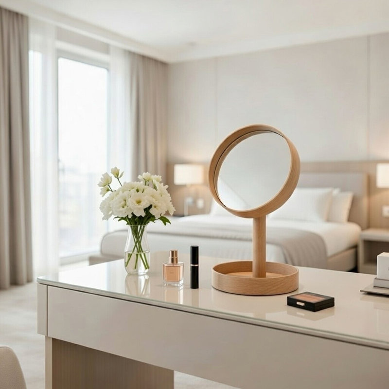 Round Floor Mirror, Oak Wood