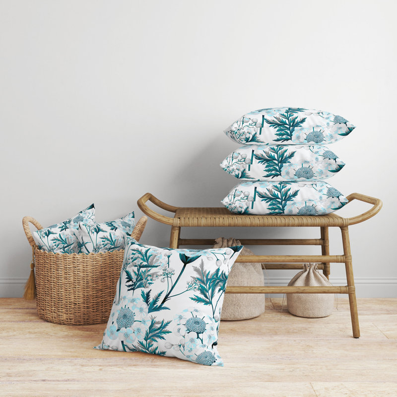 Coussin Millefolium, H 16 po x l 16 po, Blanc / turquoise