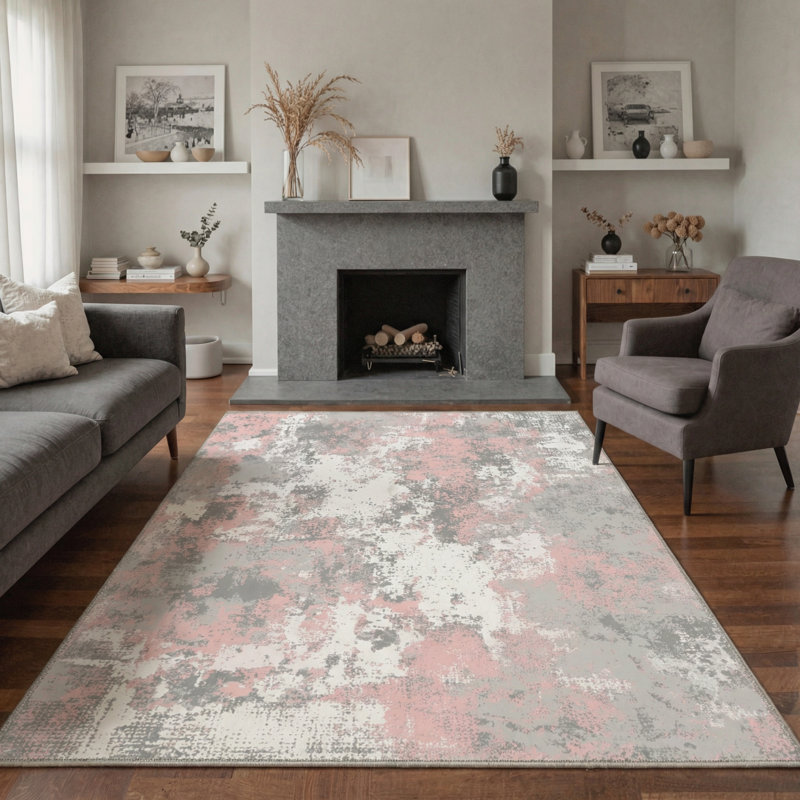 Soft Modern Pink and Grey Area Rug Washable Non Slip Low Profile Carpet for Living Room Bedroom Hallway, Rectangle 8' x 10'