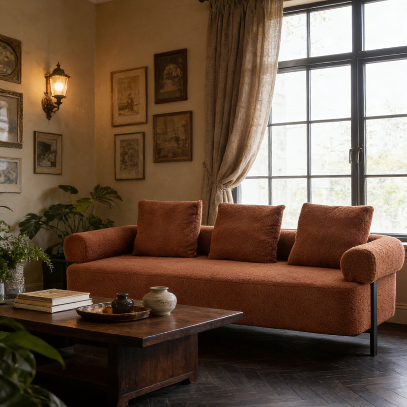 Canapé 3 places de style moderne avec 3 coussins moelleux pour le salon, la chambre à coucher, Orange