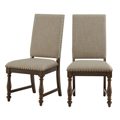 Traditional Classic Brown Dinng Chair Set Of 2 Beige Fabric Upholstered Nailhead Trim Wooden Dining Room Furniture