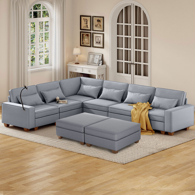 Shaped 6 Seats Modular Sectional Sofa with Storage Seats, Phone Holder and Console Table