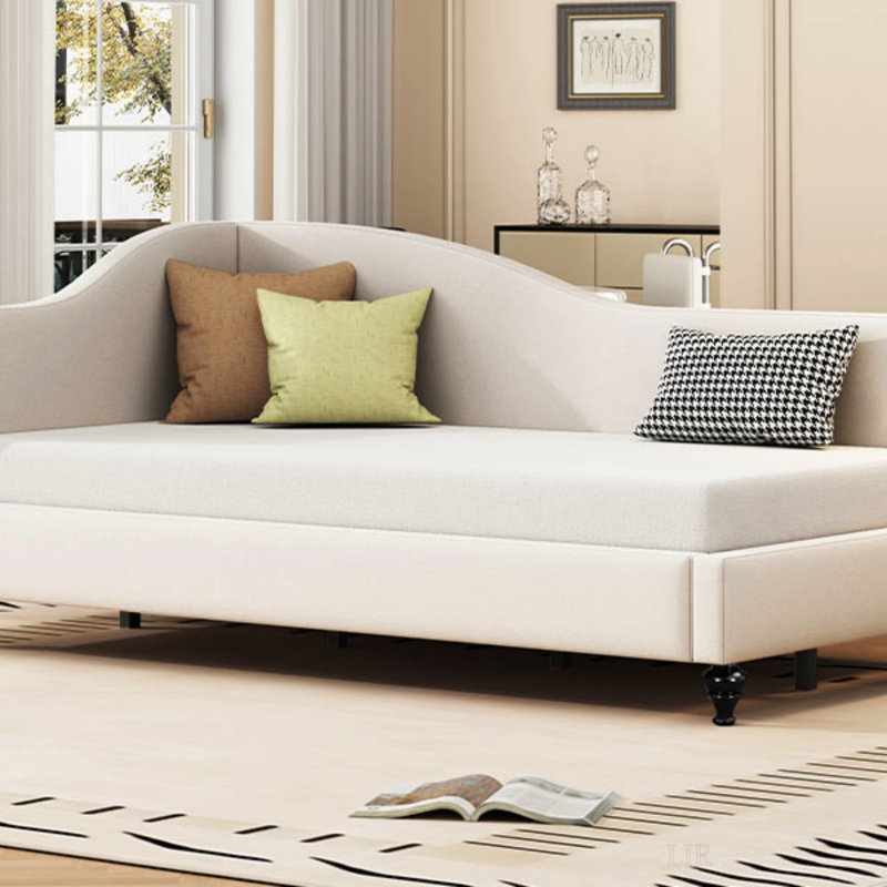 Lit de jour simple en L en forme de L avec pieds en bois massif, Beige, Lit simple
