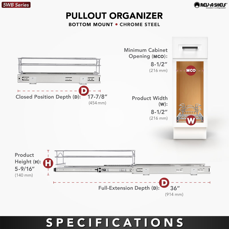 Rev-A-Shelf Cabinet Pull Out Shelf Organizer, 8.5 x 18 In, 5WB1-0918CR-1, 2-Pack