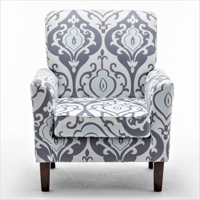 Patterned Polyester Blend Armchair, Solid Birch Wood Frame with Brown Tapered Legs, Foam Padded Accent Chair with Trim Detail for Living Room Office