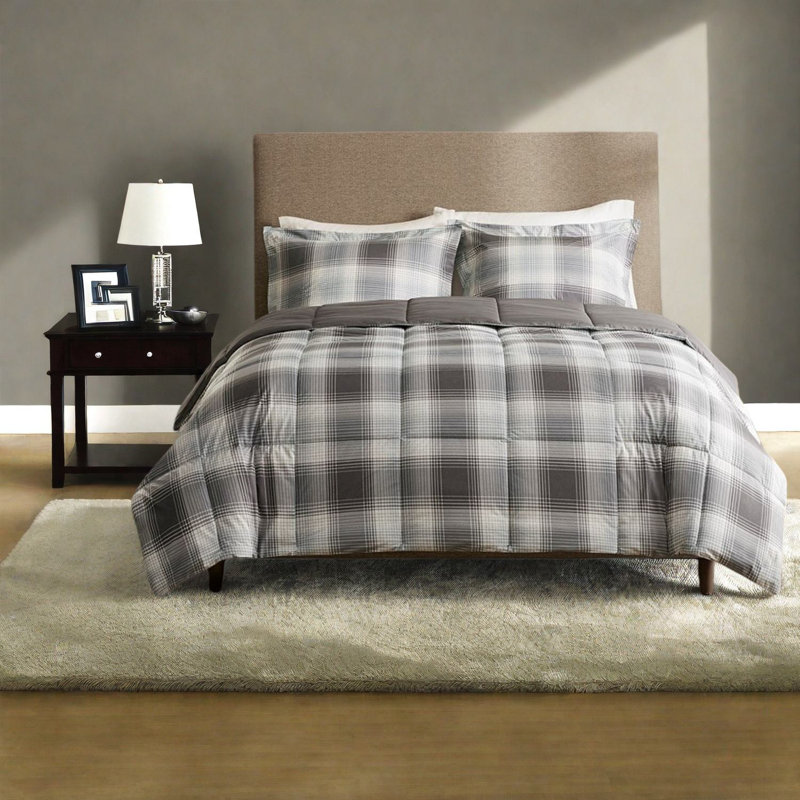 Ensembles de literie doux et confortable, microfibre hypoallergénique, motif écossais gris rustique pour un confort toutes saisons