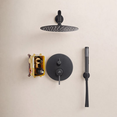 Système de douche complet à pression équilibrée avec pomme de douche à effet de pluie de 10 pouces, soupape à main, valve brute