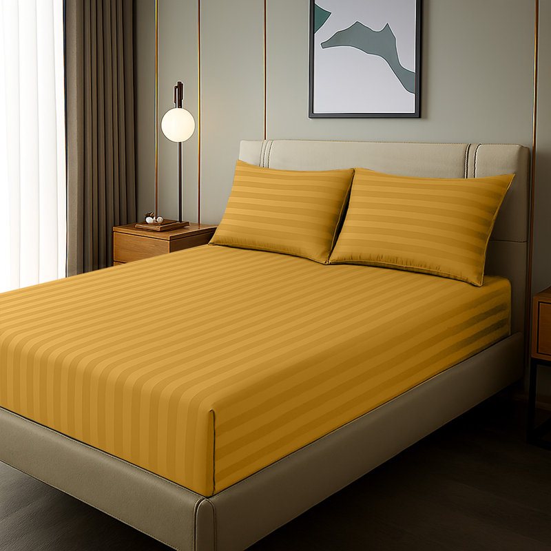 Soft & Cozy 40cm Extra Deep Pocket Microfiber Striped Fitted Sheet, Ochre, Double (4'6)