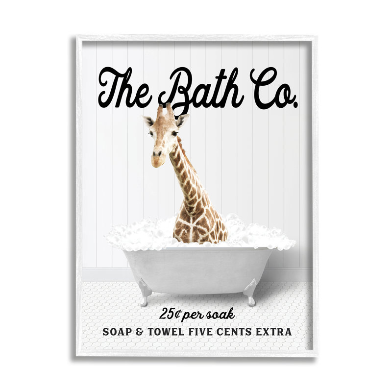 " Bubble Bathtub Giraffe ", Coastal White Framed Giclee, 14" H x 11" W x 1.5" D