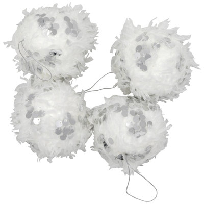 Feather Ball With Large Sequins Christmas Ornaments - 3.5" - White - Set Of 4