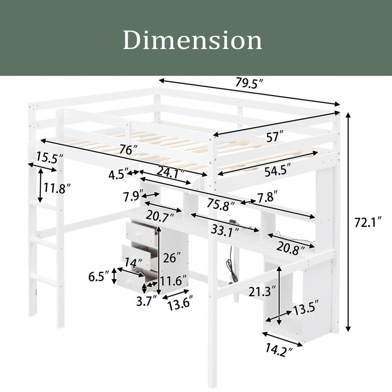 Lit mezzanine avec tiroirs Hassard Kids, Double