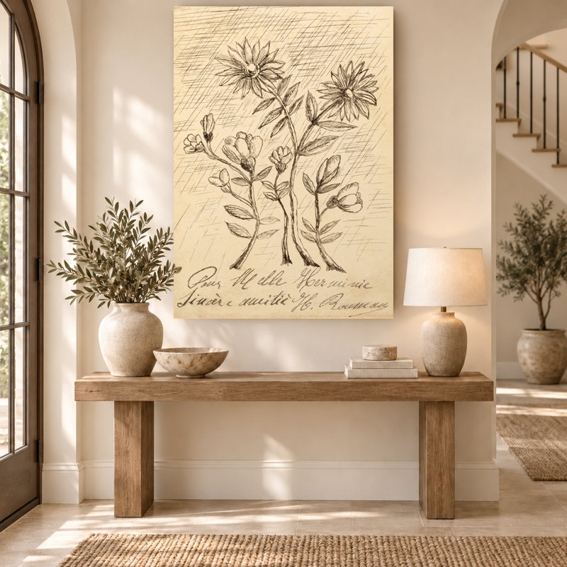 Vintage French Botanical Sketch Beige Canvas Wall Art, 60" H x 40" W