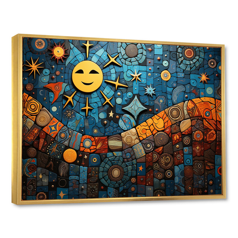 Mélange de mosaïques bleues et oranges - Boho, Cadre flottant doré, H 34 po x l 44 po x P 1,5 po