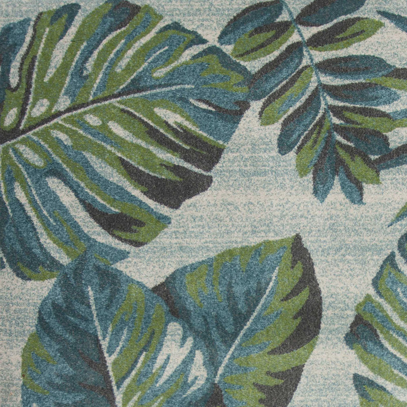 Rymer 5' x 8' Beige Teal and Green Tropical Botanical Leaves Area Rug, Rectangle 9'10" x 13'2"