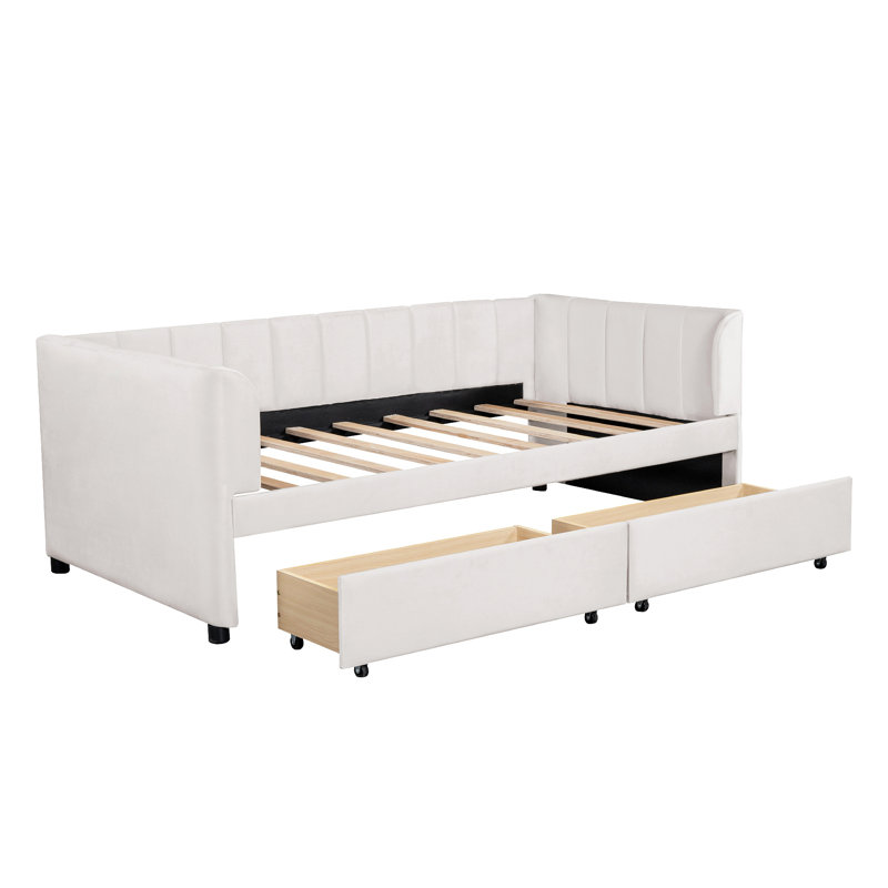 Lit de jour rembourré avec dossier ergonomique et 2 tiroirs, Beige