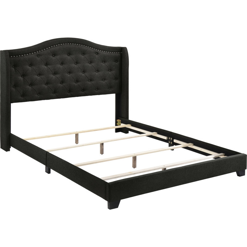 Queen Size Copper Grey Upholstered Wingback Bed With Refined Look, Soft Padding In Fabric, Transitional Bedroom Decor Style, Softly Padded Quality Leather, Classic High - Back For Use