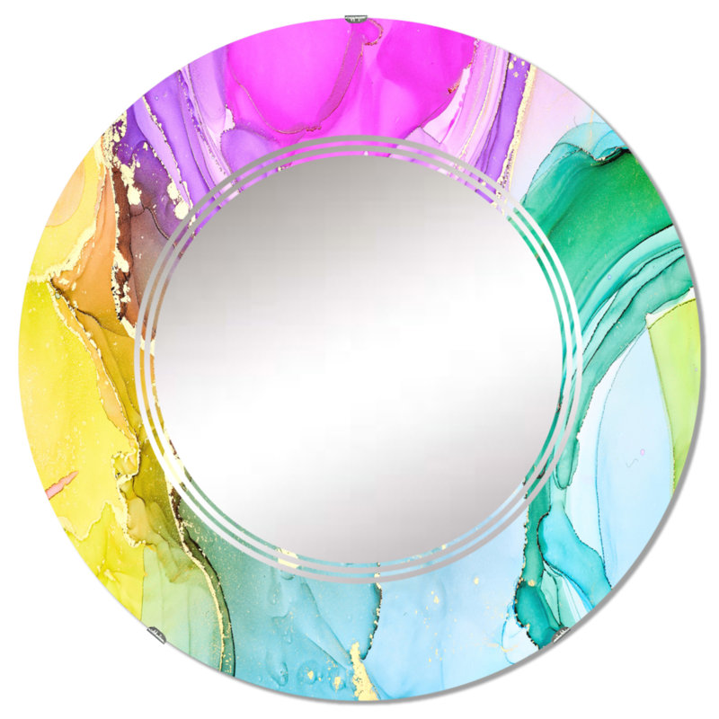 Turquoise et mauve, luxe, abstrait, fluide, art, neuvième, miroir mural rond moderne, 32 po x 32 po