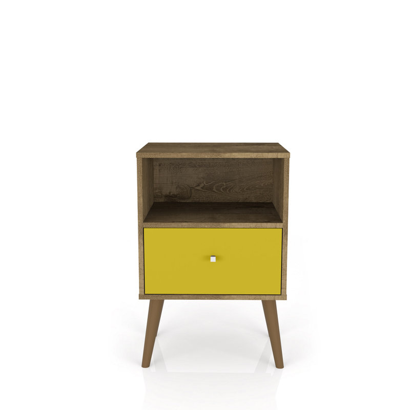 Table de chevet 1 tiroir Mid-Century moderne brun foncé et jaune Liberty, Brun rustique / jaune