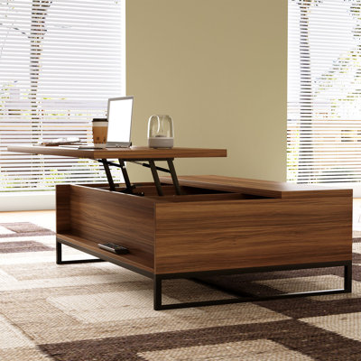 Table basse à plateau relevable moderne de 43,3 po avec rangement caché, centre industriel en bois de noyer avec base en métal noir