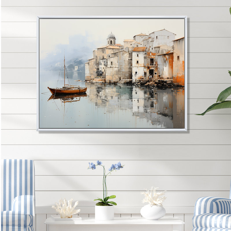 Almarina - Bateau, art mural, salon, H 34 po x l 44 po x P 1,5 po, Cadre flottant blanc