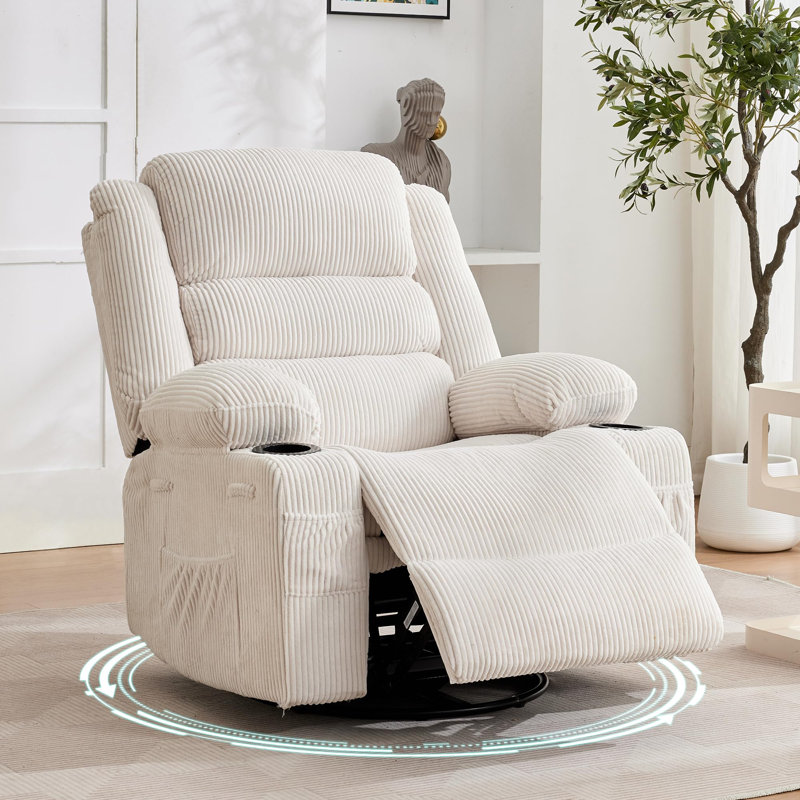Fauteuil inclinable pivotant surdimensionné avec rotation à 360 °, inclinaison manuelle, porte-gobelets et rangement latéral, revêtement en velours côtelé