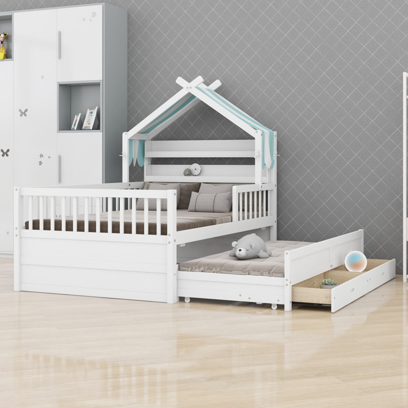 Lit House avec lit gigogne et tissu, Lit simple, White