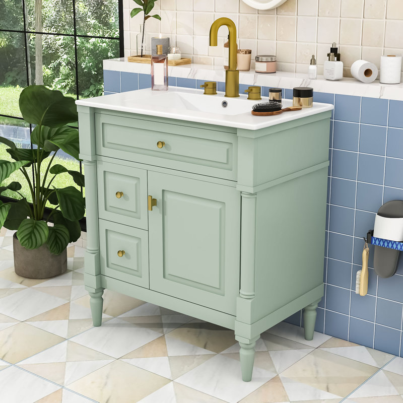 Meuble-lavabo autoportant avec rangement réglable, Vert