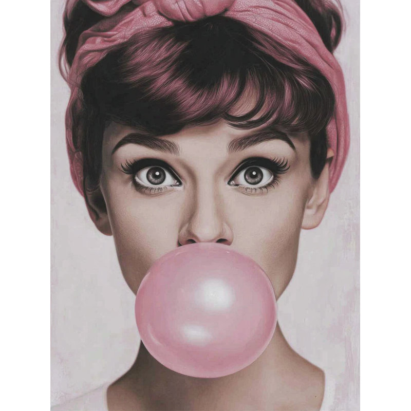 «Pop Art Girl Blowing Bubblegum», art mural sur toile tendue, H 36 po x l 24 po