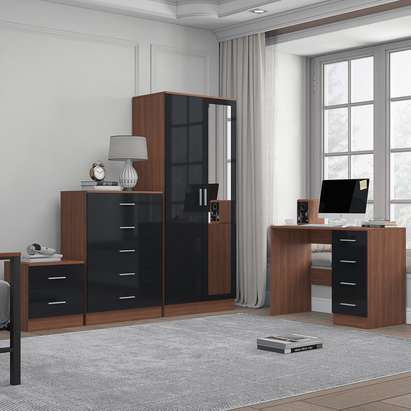 Eva Piece Bedroom Set, Black Gloss / Walnut