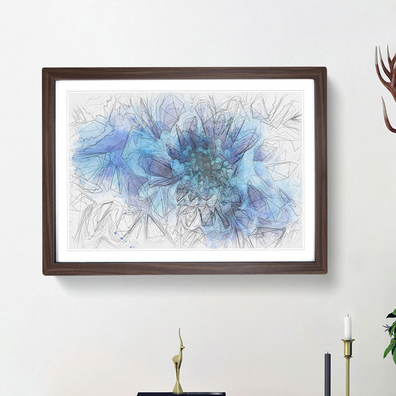 Blue Dahlia Flower - Picture Frame Graphic Art Print, 40cm H x 60cm W x 2cm D, Walnut Framed