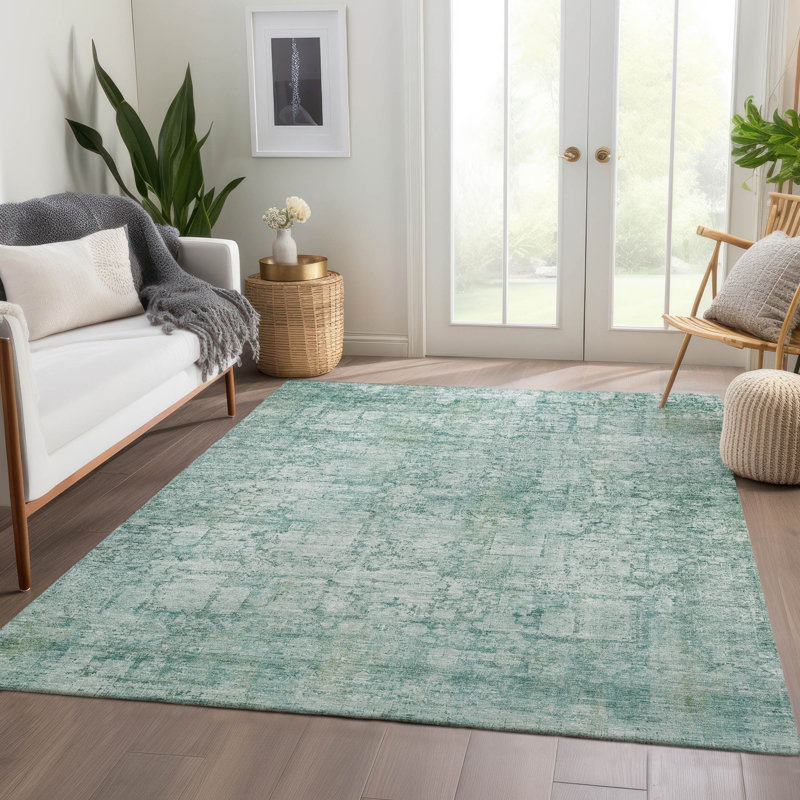 Tapis bleu sarcelle lavable à la machine intérieur / extérieur Xhevrie, Rectangulaire 8 pi x 10 pi