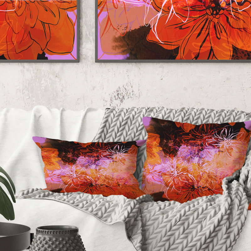 Coussin décoratif orange et mauve à motif floral abstrait, 16 po x 16 po