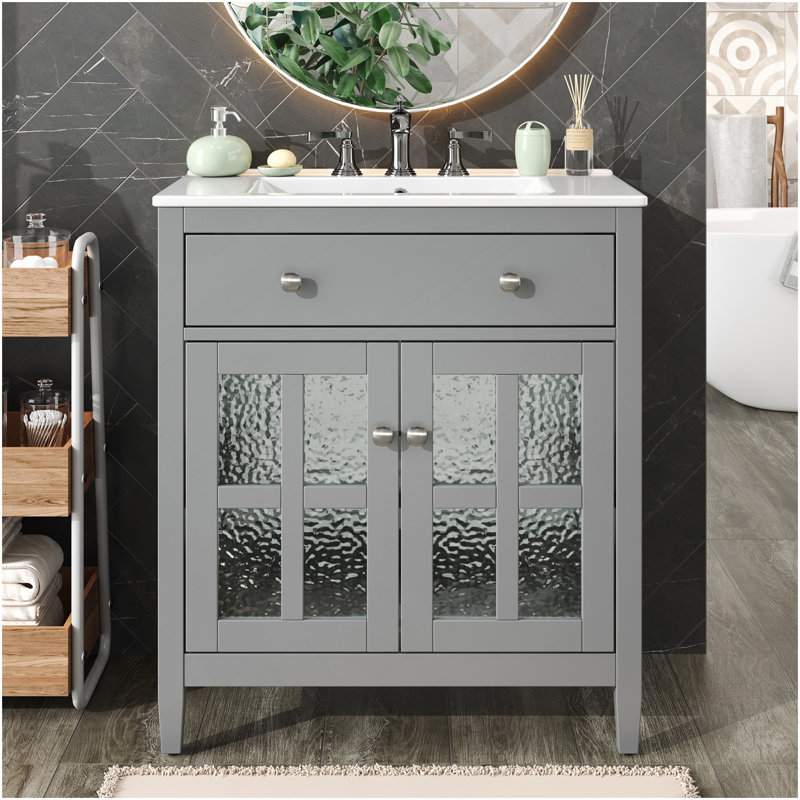 Meuble-lavabo de 30 po avec lavabo en céramique, tablette réglable et plateau basculant, meuble-lavabo avec pieds en bois, poignées en métal argenté et charnières à fermeture en douceur, gris