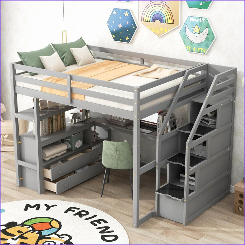 Pleine grandeur en pin massif Lit mezzanine en bois aggloméré avec bureau, rangement et amp; Tiroirs - Aucun sommier requis, gris