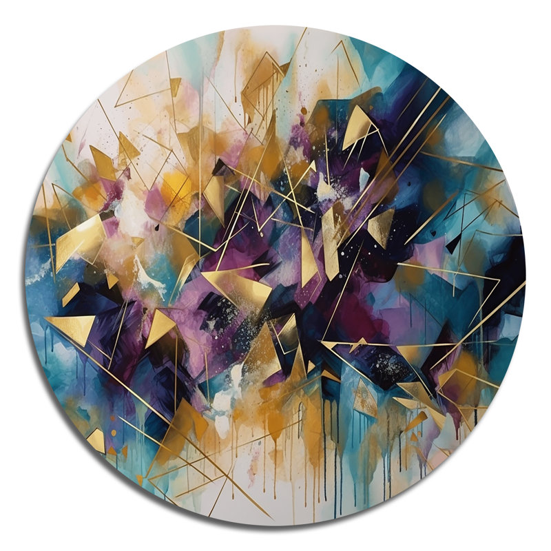«Golden Explosion Triangles II», art mural rond abstrait géométrique sur métal, H 36 po x l 36 po x P 1 po