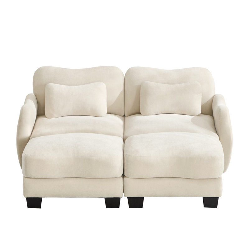 Canapé modulaire en chenille 70,8 po avec coussin et repose-pieds mobile, Beige Chenille
